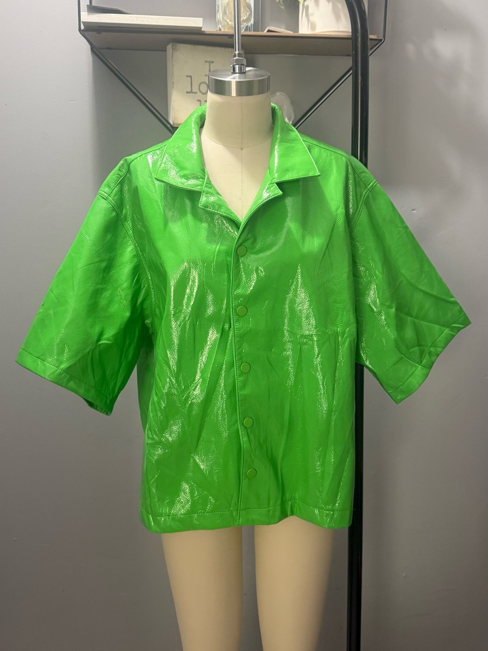 Fashion Nova Men Green Da Baddie Faux Leather Cropped Button Up Shirt - Picture 3 of 7